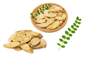 Astragalus leaves and slices on white background. traditional Chinese herbal medicine.
