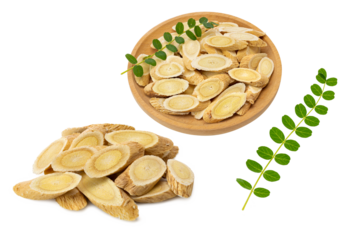 Astragalus leaves and slices on white background. traditional Chinese herbal medicine.
