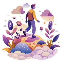 A lone figure walks on fluffy white clouds, leaving distinct footprints; ethereal, dreamy, peaceful scene.