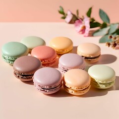 A set of colorful French macarons arranged neatly on a soft pastel background