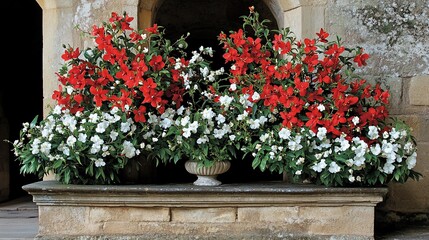 Fototapeta premium Red white flowers stone planters courtyard garden display