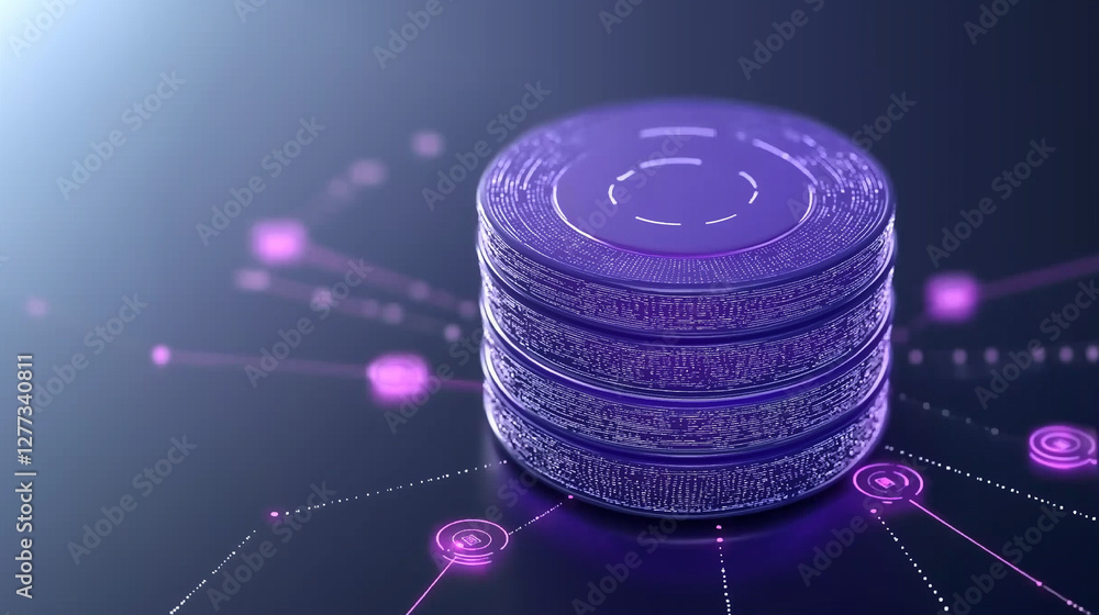 Aufkleber digital data hub: a glowing, abstract representation of a data hub, depicted through a stack of purp
