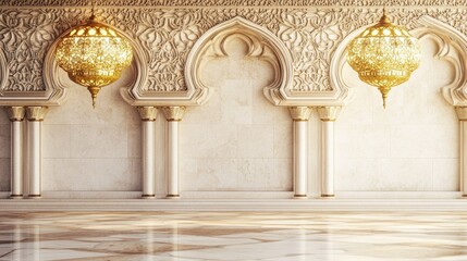 Fototapeta premium Elegant Architectural Interior with Ornate Arches and Golden Chandeliers