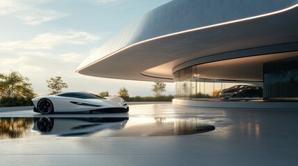 Modern, futuristic, luxury car parked in front of a modern, curved, glass-walled garage.  Exterior of a high-end, contemporary home.  Reflecting, elegant design.