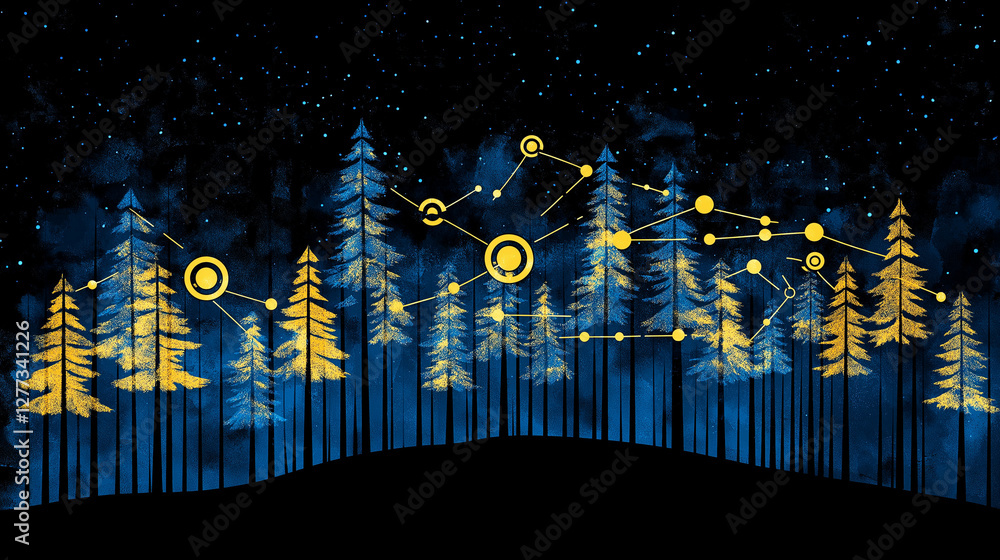 Poster digital forest network: a visually captivating digital artwork depicts a network of interconnected t