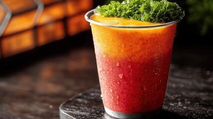 Vibrant Fresh Fruit Smoothie with Orange and Red Layers Topped with Fresh Kale in Clear Glass on Dark Rustic Surface - Healthy Vegan Plant-Based Drink