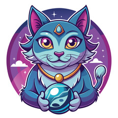 A mystical Siamese cat, perched atop a velvet cushion, gazes intently into a shimmering crystal ball, predicting the future.