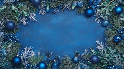 Elegant holiday border with lush evergreen branches, blue ornaments, and sparkly bows. Perfect for festive cards, invites, or social media. Monochromatic blue wintry theme