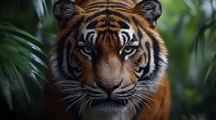 Fototapeta premium Tiger in jungle, portrait, focused, wildlife, nature, tranquil atmosphere, suitable for animal conservation, or educational purposes