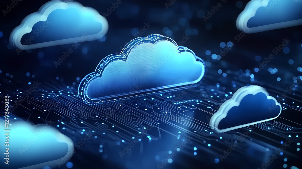 Poster cloud technology concept with floating icons on circuit board background