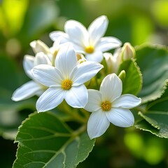 Fototapeta premium Beautiful White Flowers with Green Leaves Close Up