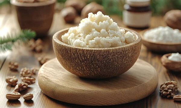 Creamy shea butter in a rustic wooden bowl on a wooden surface with natural elements