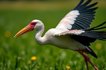 Fototapeta premium Beautiful White Stork Taking Flight Over Lush Green Meadow