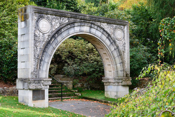 The Royal Tasmanian Botanical Gardens Anniversary Arch that commemorates the 150th Anniversary of founding of the gardens in 1818 - Hobart, Tasmania, Australia- Hobart, Tasmania, Australia