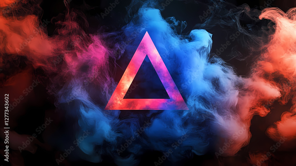 Poster mysterious triangular object surrounded by red and blue smoke against a black background