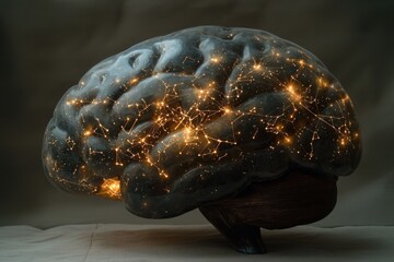 Glowing brain with neural pathways, visualizing brain activity for science, neuroscience, and mental health