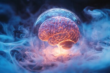 Futuristic Brain Inside A Transparent Orb Representing Knowledge, Mental Health, And Scientific Advancements For Medicine And Cognitive Research