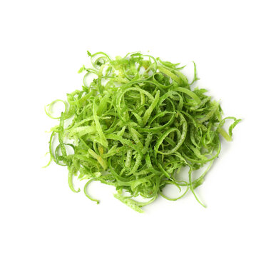 Pile of fresh lime zest isolated on white, top view