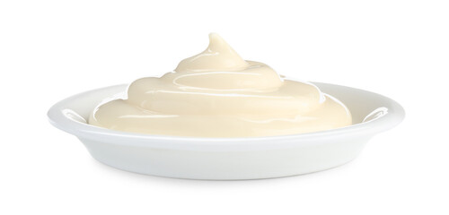 Tasty mayonnaise sauce in dish isolated on white
