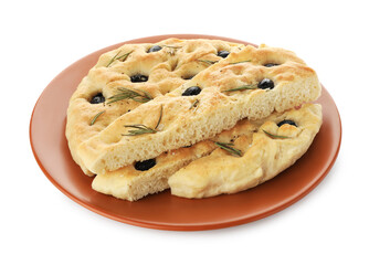 Slices of delicious focaccia bread with olives and rosemary isolated on white