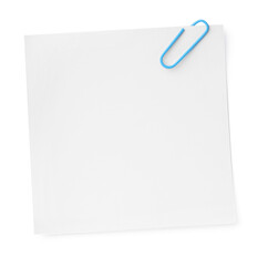Blank paper note attached with clip isolated on white, top view