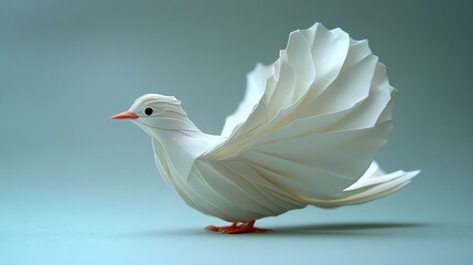 Origami dove in profile against a soft teal background. Possible use Greeting card design
