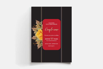 WEDDING INVITATION FRAME WITH FLOWER DECORATIONS AND FRESH LEAVES