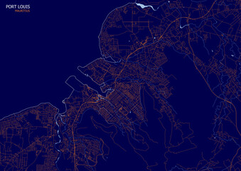 vector map of highway, waterways and buildings in the port louis blue and orange color