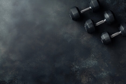 Dumbbells on the gym floor top view background.