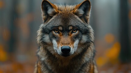 Fototapeta premium Gray wolf portrait in autumn forest, focused close-up. Possible use for nature photography or wildlife stock