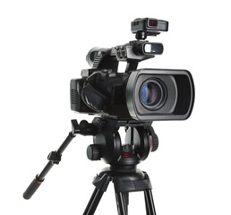 Modern professional video camera isolated on white