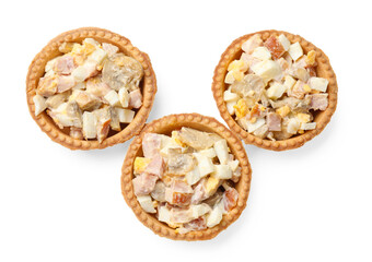Tartlets with delicious filling isolated on white, top view