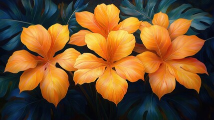 Obraz premium Orange Flowers Among Tropical Leaves - Decorative Illustration