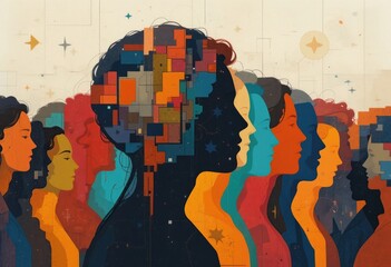 Diverse Group of Women Artistically Represented with Abstract Geometric Shapes