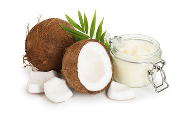 Coconuts, cooking oil and green branch isolated on white