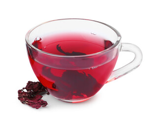 Delicious hibiscus tea in glass cup and dry roselle sepals isolated on white