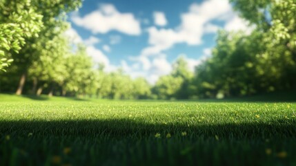 Fototapeta premium Lush green grass field in a sunny forest with bright blue sky.