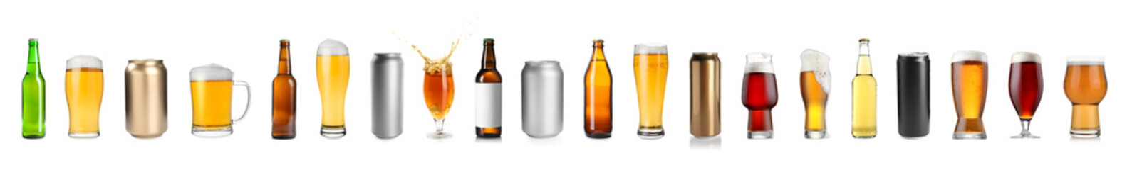 Different types of fresh beer isolated on white, set