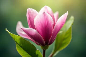 Fototapeta premium Close-up of a Beautiful Pink Magnolia Blossom with Lush Green Leaves