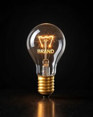 Illuminated Light Bulb with "Brand" Filament Symbolizing Innovation and Ideas