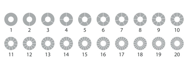 Circle 20 percent loading template. Round pie chart. Progress diagram structure. Circular grey color progress bar. Schemes with sectors. Piechart with segments and slices. Vector illustration