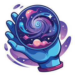 A close-up image of a hand gently cradling a crystal ball, showcasing swirling galaxies within.  Intricate detail is crucial.