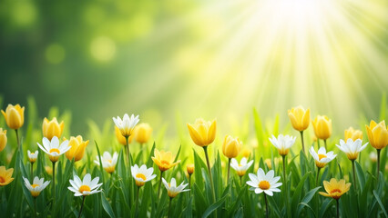 Fototapeta premium Artistic wallpaper expressing spring, ensemble of colors, green, yellow, white, Generative AI