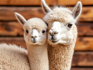 Obraz premium A heartwarming close-up of two fluffy alpacas, showcasing their gentle expressions against a rustic wooden backdrop.