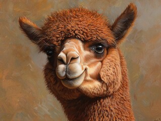 Obraz premium A close-up portrait of a fluffy brown alpaca, featuring a friendly expression against a soft, neutral background.