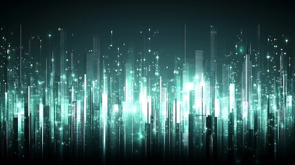 Futuristic city skyline, glowing lights, night