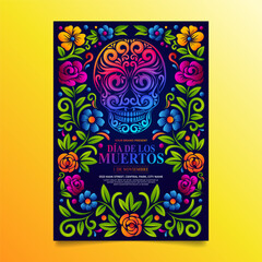 Dia de muertos Brochure, Day of the dead sugar skull with mexican floral decoration