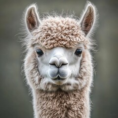 Obraz premium A close-up of a fluffy, light-colored alpaca with big eyes and a gentle expression, set against a soft, blurred background.