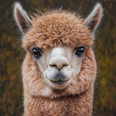 Obraz premium A cute, fuzzy alpaca gazes curiously at the viewer, showcasing its distinct features and soft fur against a blurred background.
