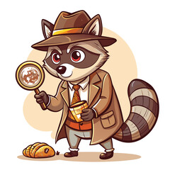 A shrewd raccoon detective, wearing a fedora, meticulously examines a clue with a magnifying glass, set against a dimly lit, urban backdrop.